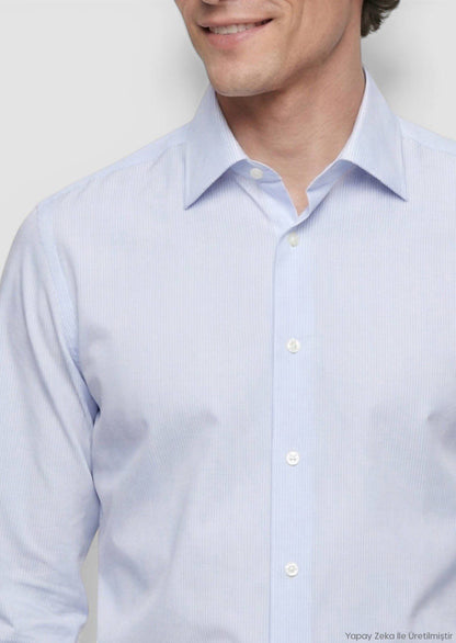 Blau Gestreiftes Regular Fit Baumwollhemd
