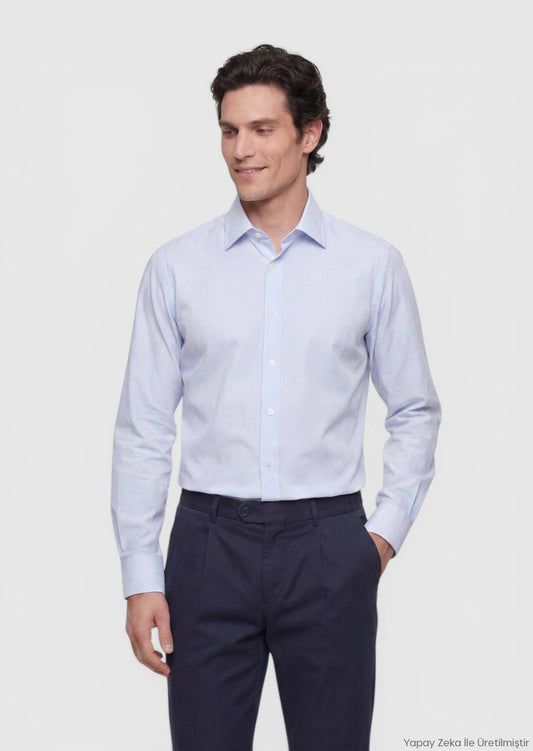 Blau Gestreiftes Regular Fit Baumwollhemd