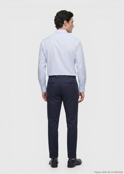 Blau Gestreiftes Regular Fit Baumwollhemd