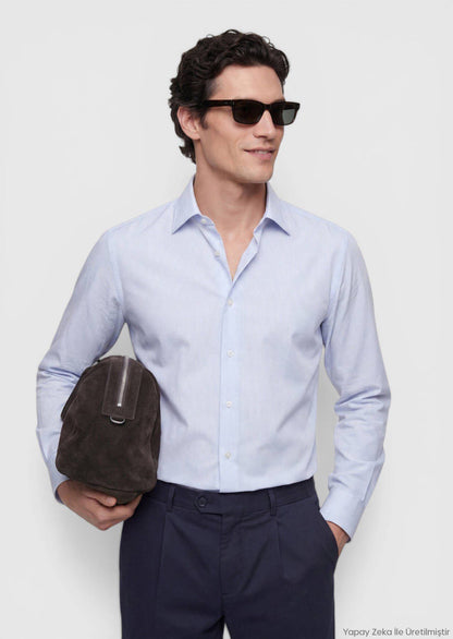 Blau Gestreiftes Regular Fit Baumwollhemd