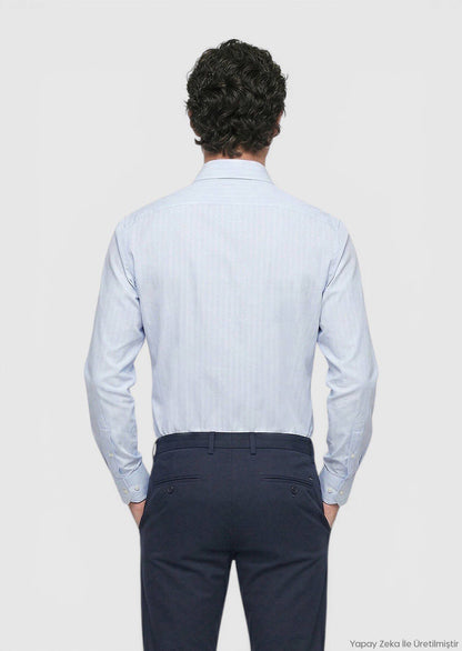 Blau Gestreiftes Regular Fit Baumwollhemd