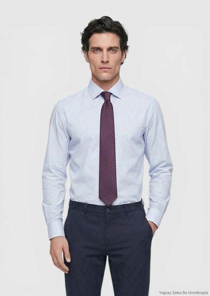 Blau Gestreiftes Regular Fit Baumwollhemd