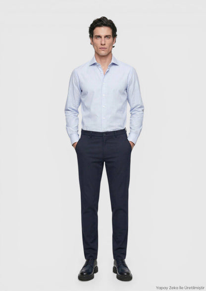 Blau Gestreiftes Regular Fit Baumwollhemd