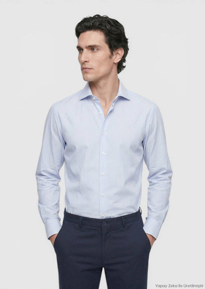Blau Gestreiftes Regular Fit Baumwollhemd