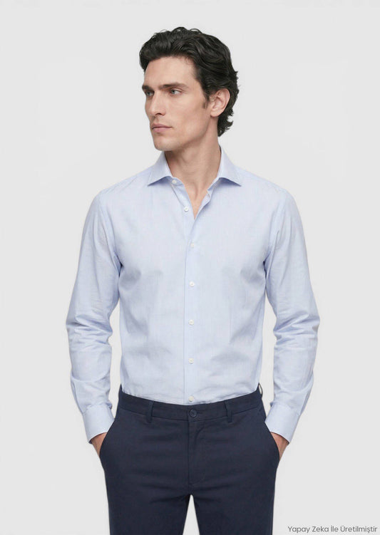 Blau Gestreiftes Regular Fit Baumwollhemd