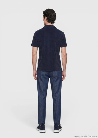 Marineblaues Baumwollmix T-Shirt