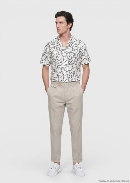 Ecru Bedrucktes Regular Fit Kurzarmhemd 100% Baumwolle