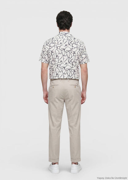 Ecru Bedrucktes Regular Fit Kurzarmhemd 100% Baumwolle