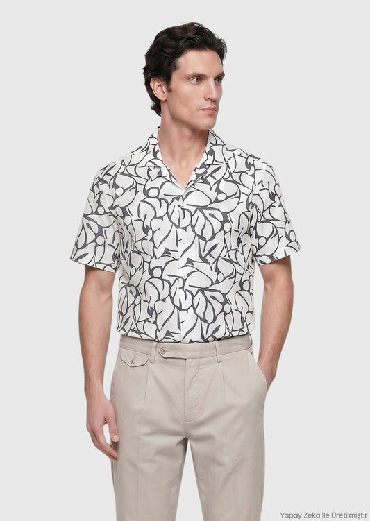 Ecru Bedrucktes Regular Fit Kurzarmhemd 100% Baumwolle