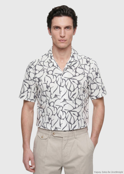 Ecru Bedrucktes Regular Fit Kurzarmhemd 100% Baumwolle