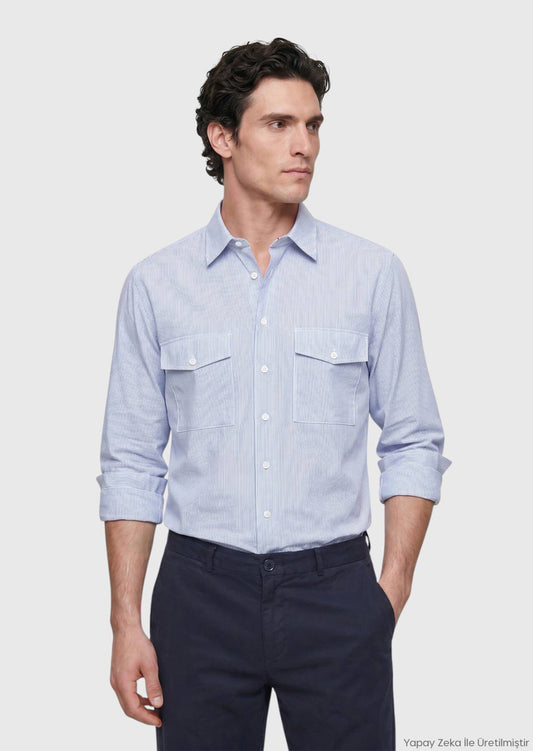 Blau Gestreiftes Regular Fit Casual Hemd