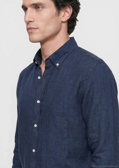 Indigo Unifarben Casual Leinenhemd