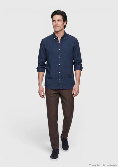 Indigo Unifarben Casual Leinenhemd