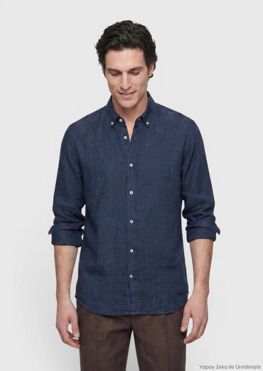 Indigo Unifarben Casual Leinenhemd