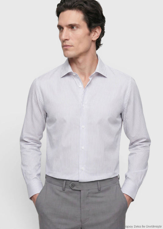 Grau Gestreiftes Regular Fit Baumwollhemd