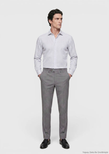 Grau Gestreiftes Regular Fit Baumwollhemd