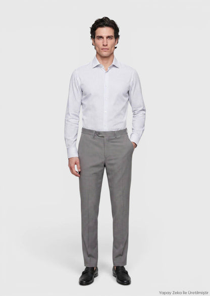 Grau Gestreiftes Regular Fit Baumwollhemd