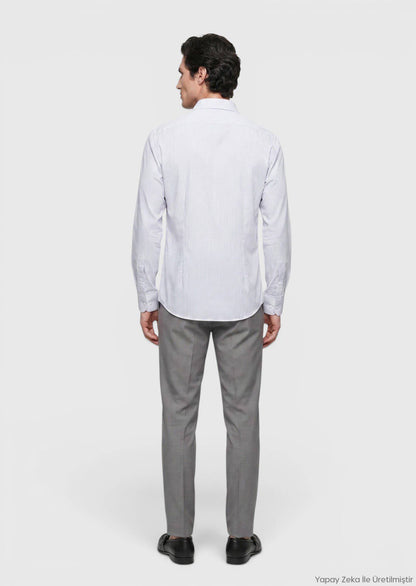 Grau Gestreiftes Regular Fit Baumwollhemd
