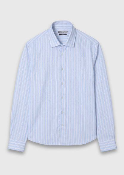 Blau Gestreiftes Regular Fit Baumwollhemd
