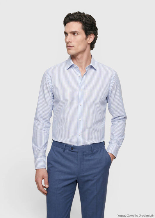 Blau Gestreiftes Regular Fit Baumwollhemd