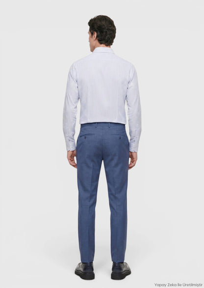 Blau Gestreiftes Regular Fit Baumwollhemd