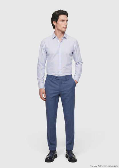 Blau Gestreiftes Regular Fit Baumwollhemd