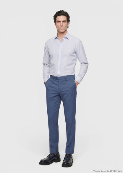 Blau Gestreiftes Regular Fit Baumwollhemd