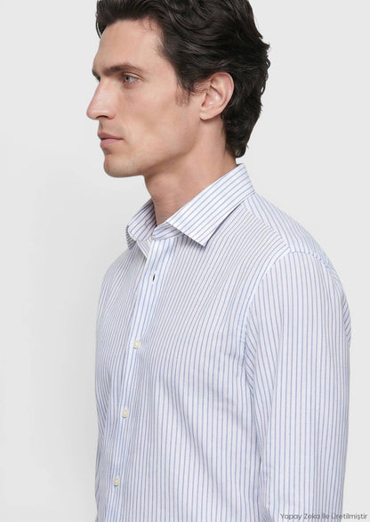 Blau Gestreiftes Regular Fit Hemd 100% Baumwolle