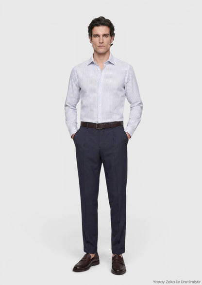 Blau Gestreiftes Regular Fit Hemd 100% Baumwolle