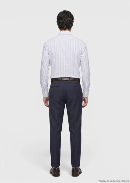 Blau Gestreiftes Regular Fit Hemd 100% Baumwolle