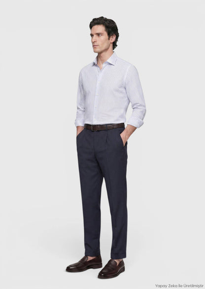 Blau Gestreiftes Regular Fit Hemd 100% Baumwolle
