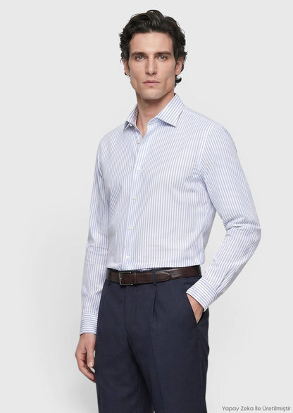 Blau Gestreiftes Regular Fit Hemd 100% Baumwolle