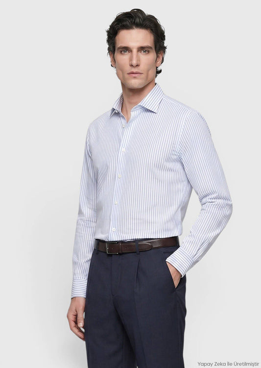 Blau Gestreiftes Regular Fit Hemd 100% Baumwolle