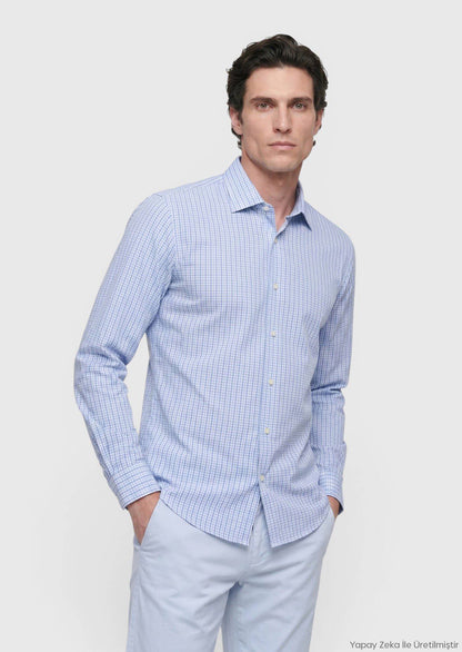 Blau Kariertes Regular Fit Hemd 100% Baumwolle
