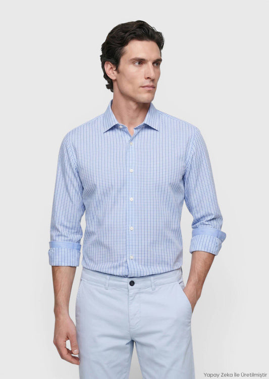 Blau Kariertes Regular Fit Hemd 100% Baumwolle