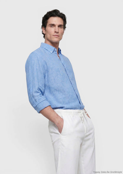 Blaues lässiges Leinenhemd 100% weich