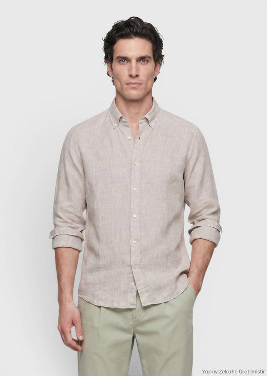 Beige Lässiges Leinenhemd 100% weich