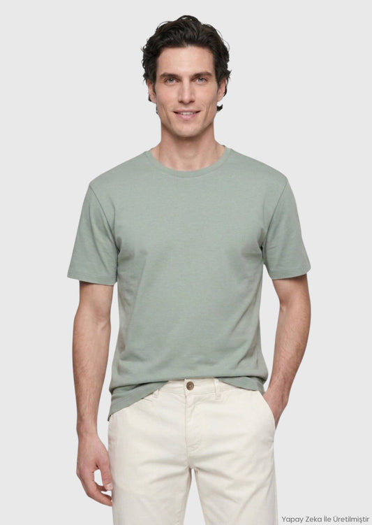 Khaki Unifarbenes Baumwoll-T-Shirt