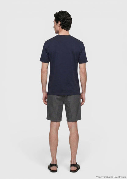 Marineblaues Baumwollmix T-Shirt