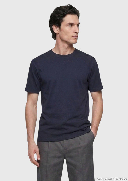 Marineblaues Baumwollmix T-Shirt