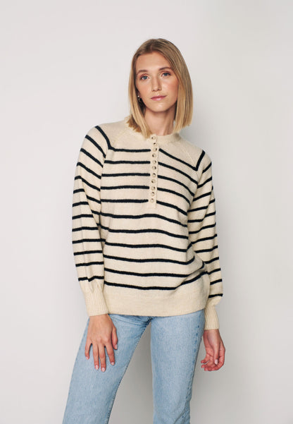 Herita Women's Turtleneck Striped Knit Sweater with Buttonhole Collar