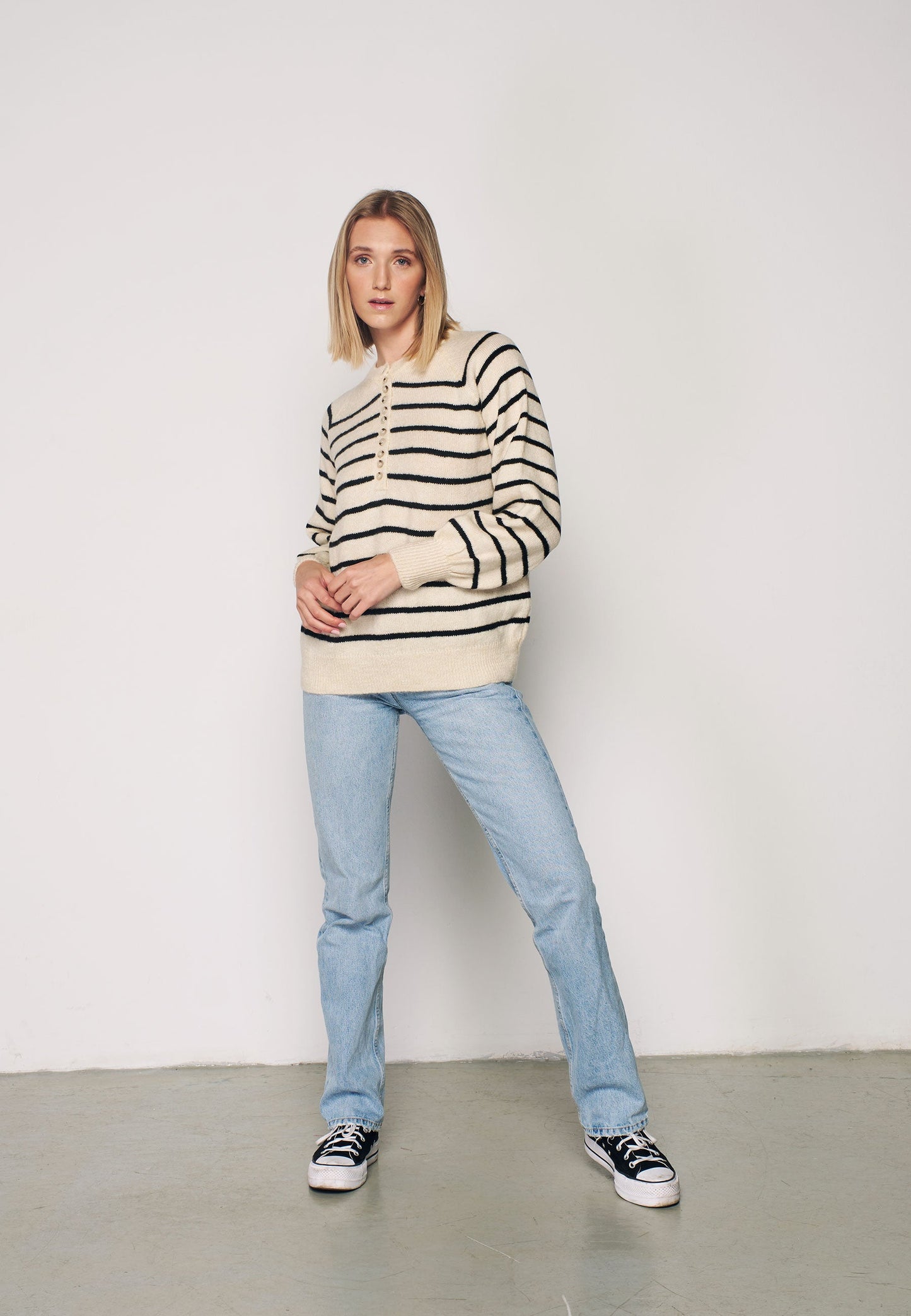 Herita Women's Turtleneck Striped Knit Sweater with Buttonhole Collar