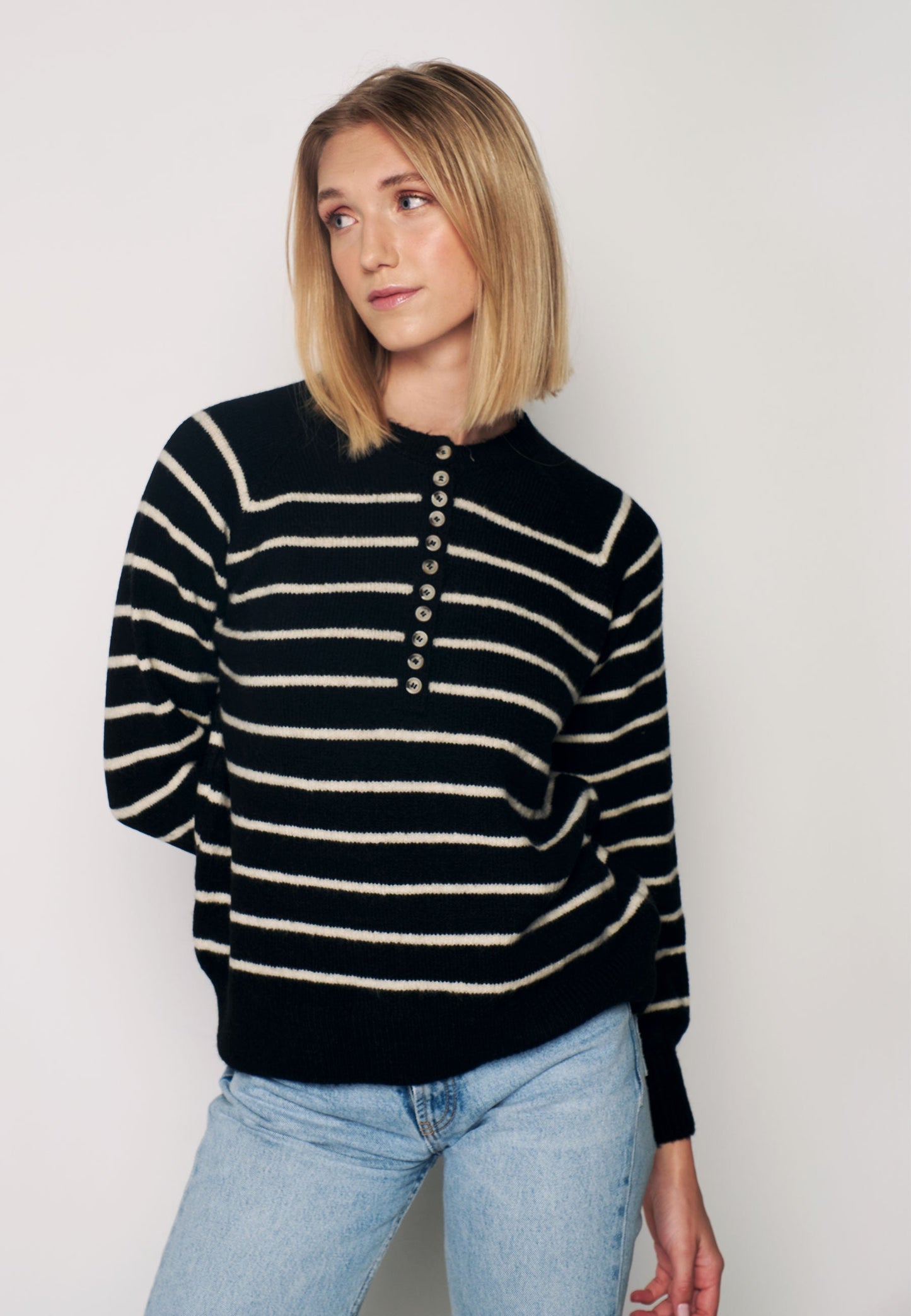 Women's Turtleneck Striped Knit Sweater with Buttonhole Collar