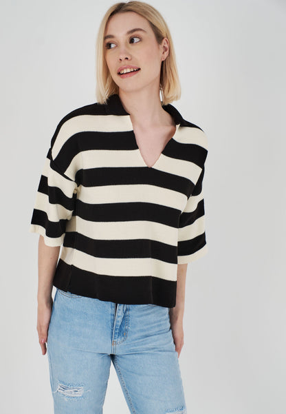 Polo Collar Striped Oversized Sweater