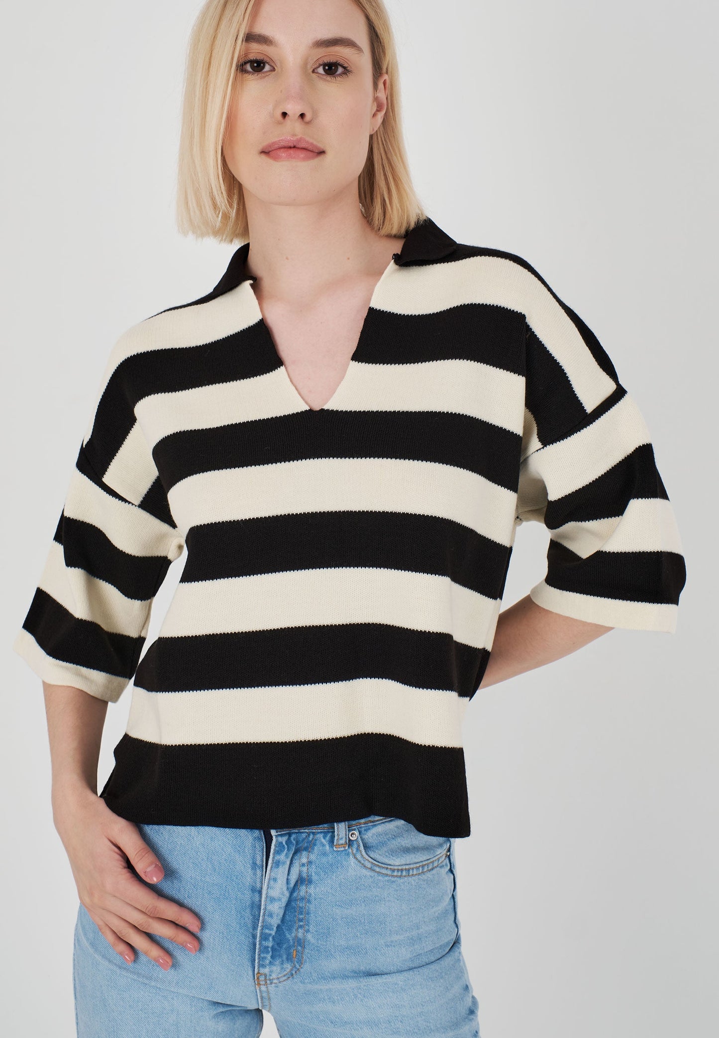 Polo Collar Striped Oversized Sweater