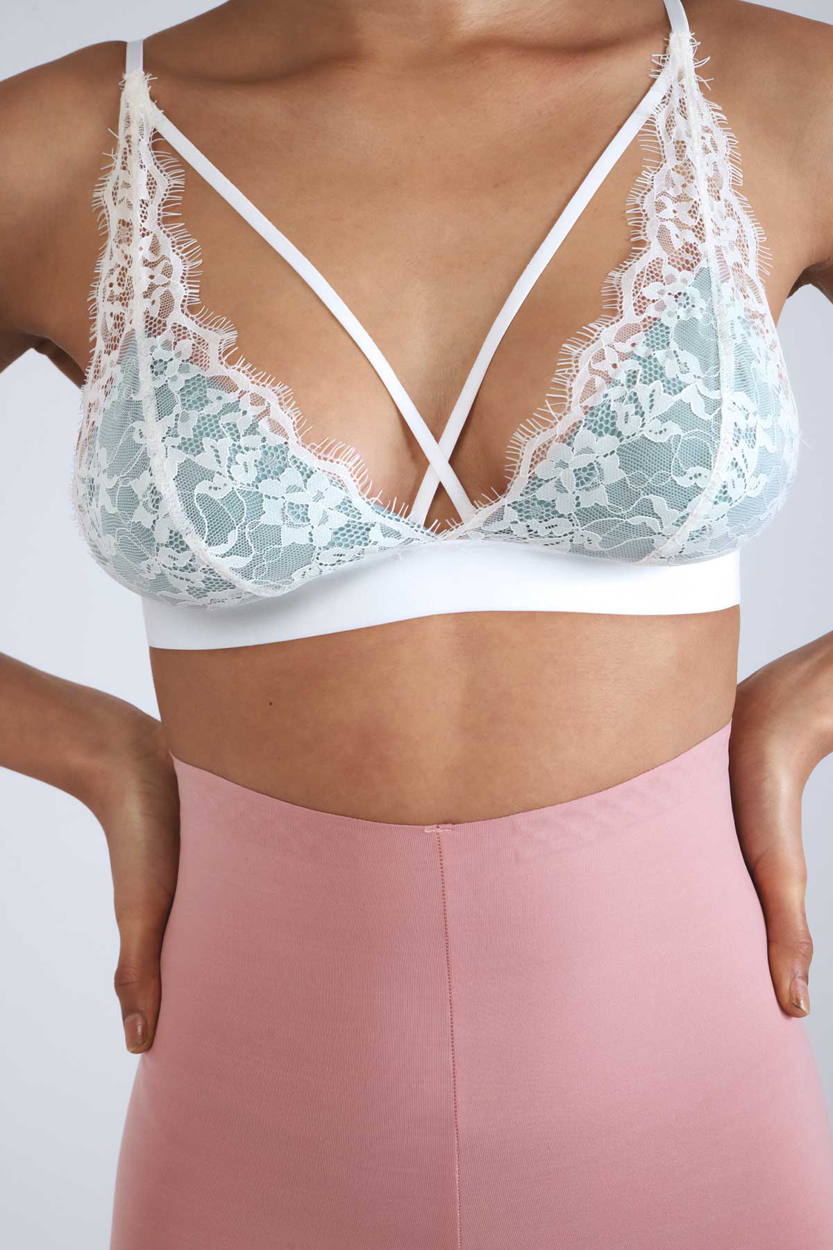 Herita Cross Strap Lined Triangle Lace Bra Ecru turquoise