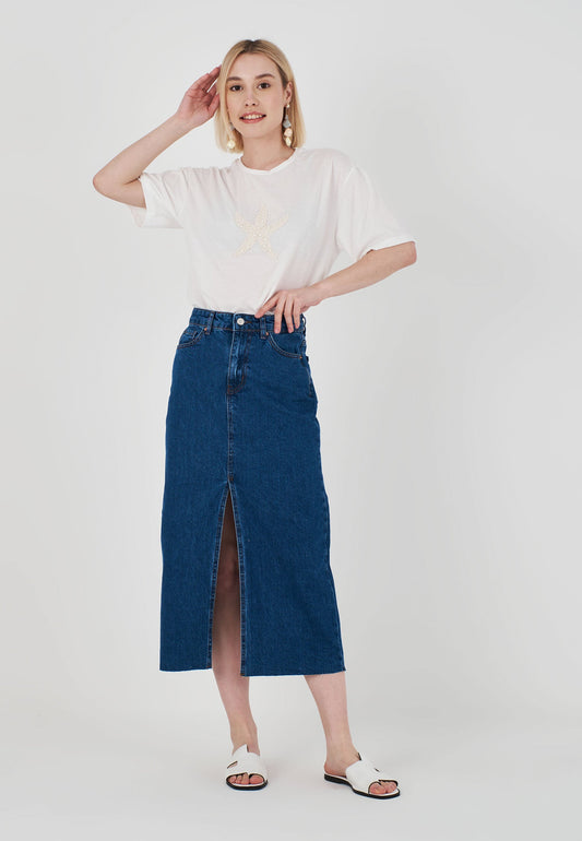 Women's Laser Cut Denim Skirt with Slits