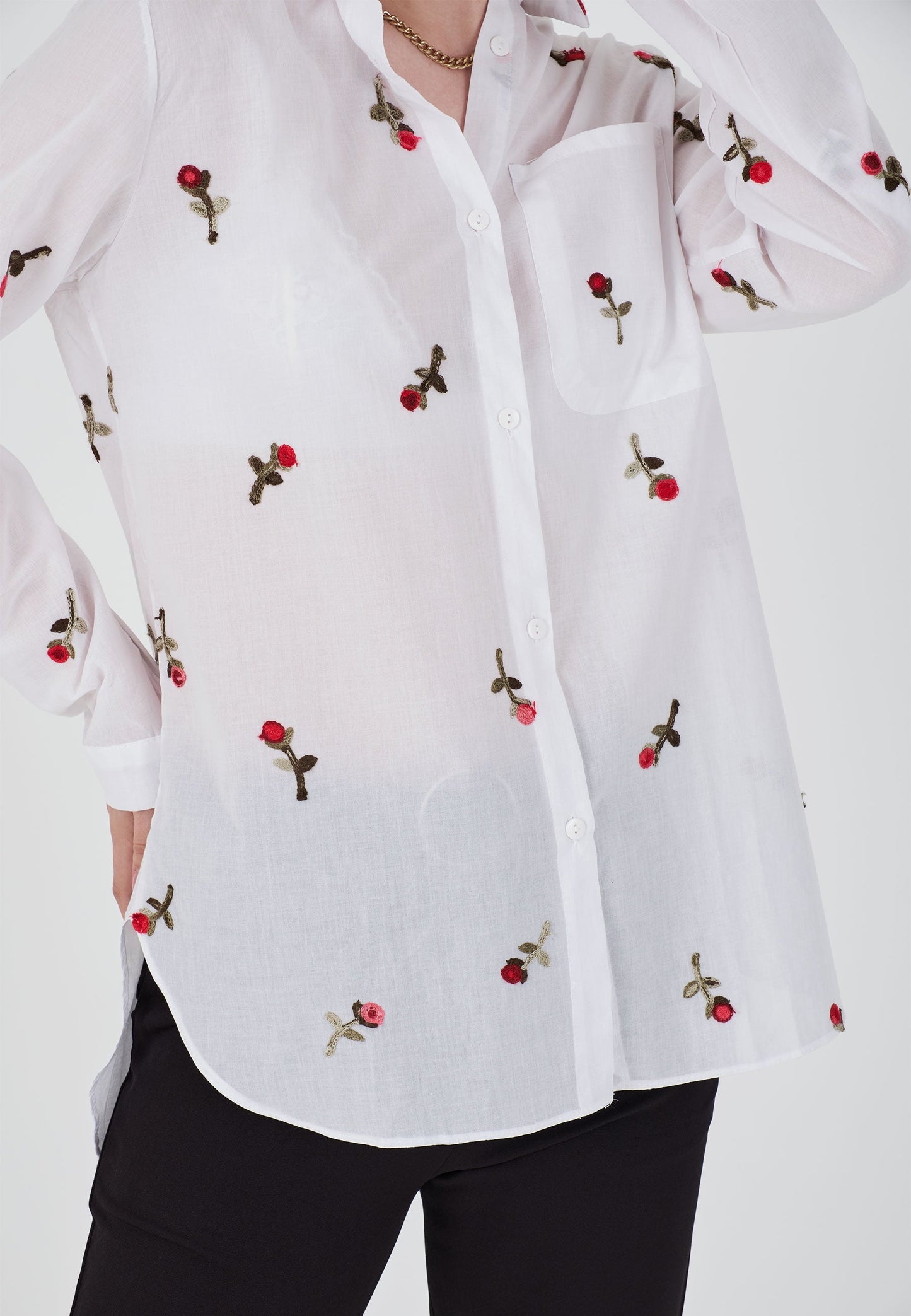 Women's Rose Embroidered Sleeve Folded Cotton Linen Shirt