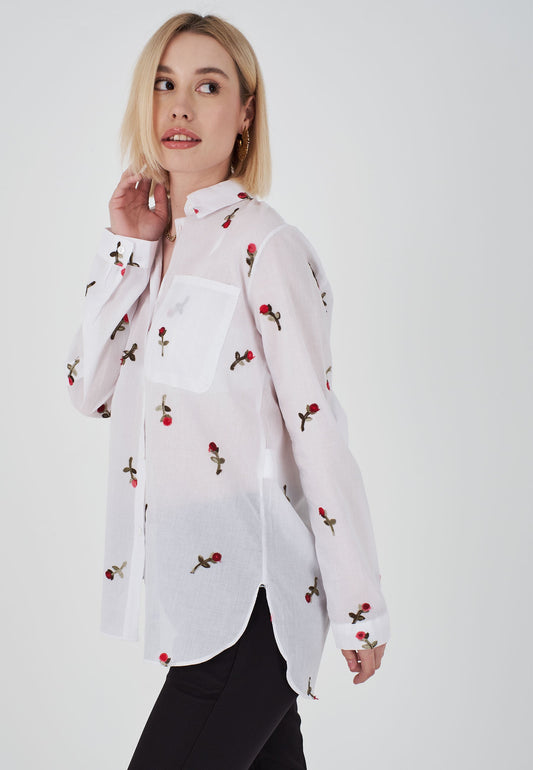 Women's Rose Embroidered Sleeve Folded Cotton Linen Shirt