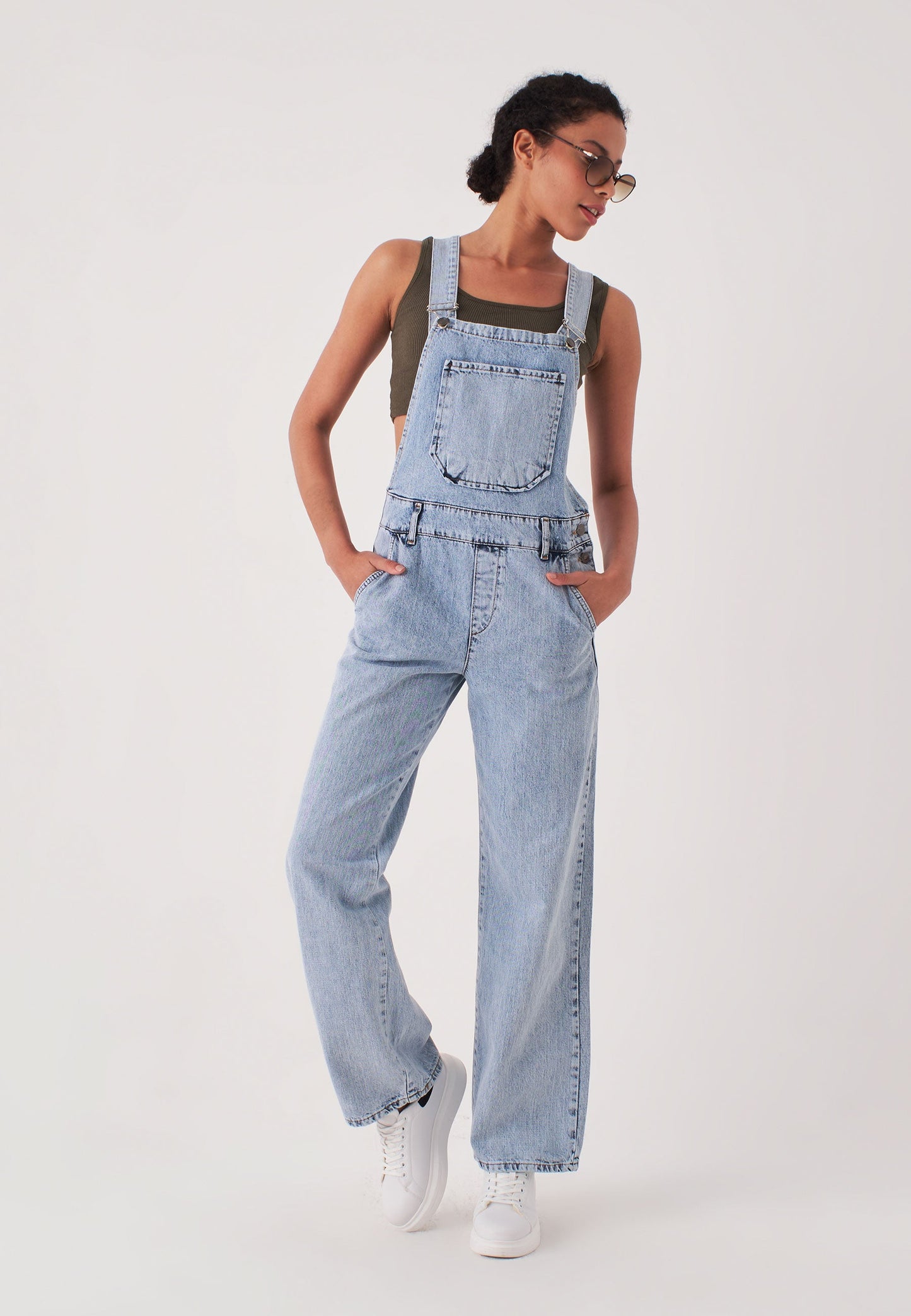 Women's Long Denim Salopet with Straps Bag Pockets